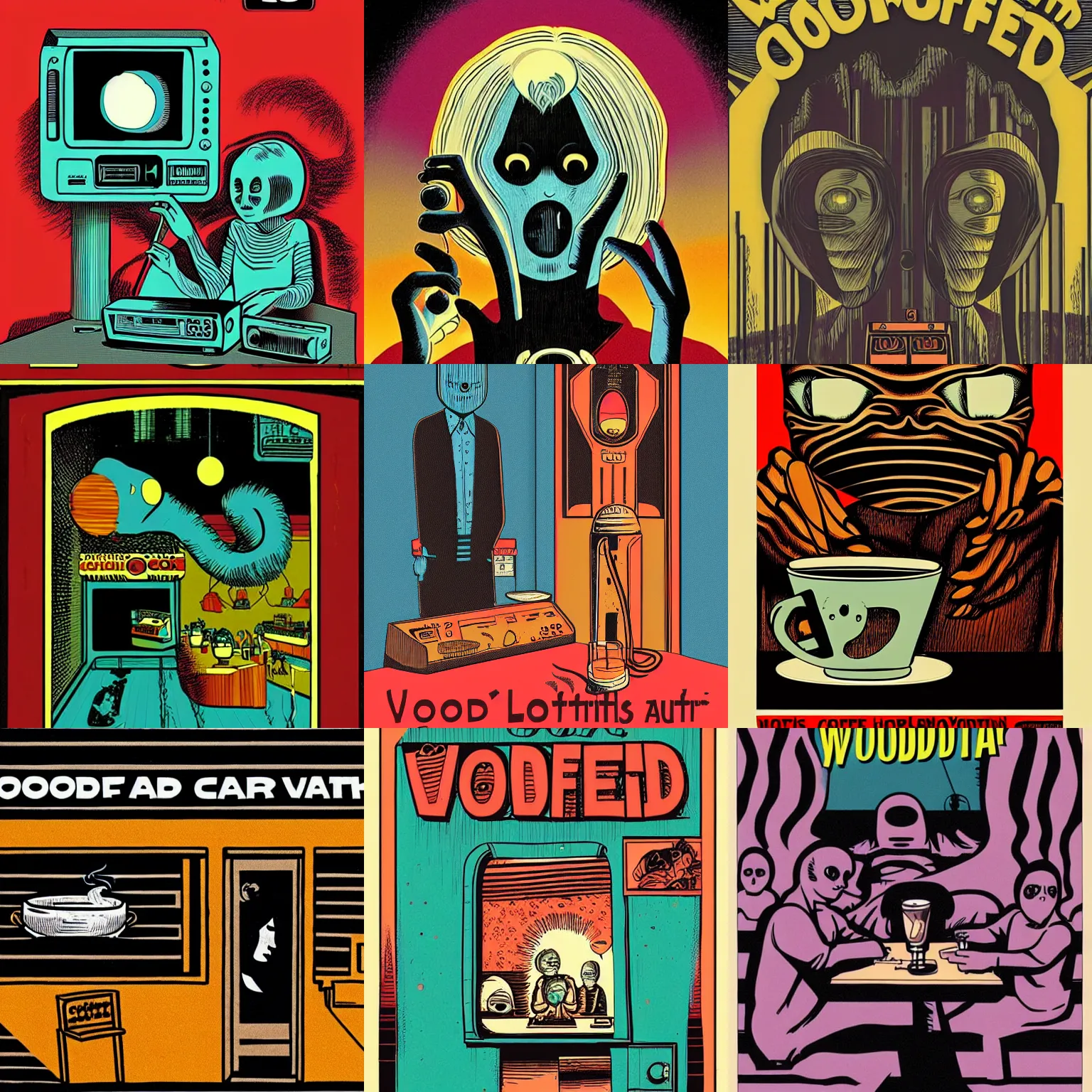 Prompt: woodcat, vhs cover, 1 9 8 3, horror, coffee shop, los angeles, designed by charles burns