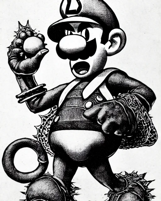 Prompt: nintendo's luigi as a d & d monster, on square background, pen - and - ink illustration, etching, by russ nicholson, david a trampier, larry elmore, 1 9 8 1, hq scan, intricate details, high contrast