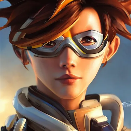 Image similar to tracer overwatch portrait, close up, concept art, intricate details, highly detailed photorealistic in the style of michael komarck, joel torres, seseon yoon, artgerm and warren louw