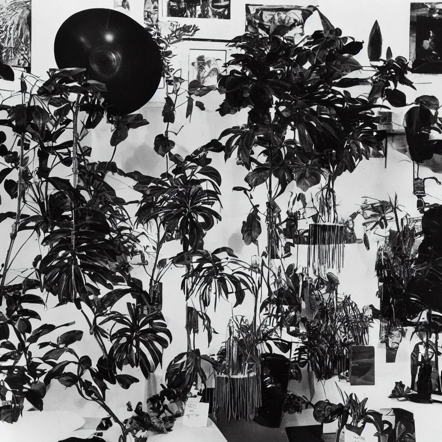 Prompt: A black and white photography of an exhibition space with objects of Sun Ra, Marcel Duchamp and tropical plants, 60s, offset lithography print, close up shot