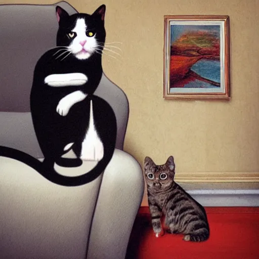 Prompt: cat sitting on sofa in surrealism art style