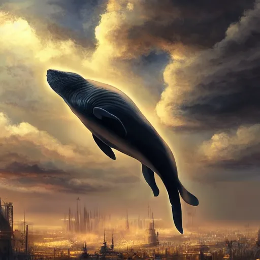 Image similar to A huge whale flying in the clouds above a steampunk mega city, golden lighting, artstation, realistic digital painting