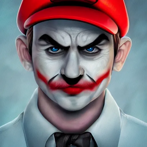 Prompt: Mario in real life with joker makeup, realistic, very realistic, hyperrealistic, highly detailed, very detailed, extremely detailed, detailed, digital art, oil painting, trending on artstation, headshot and bodyshot, detailed face, very detailed face, extremely detailed face, HD Quality, 8k resolution