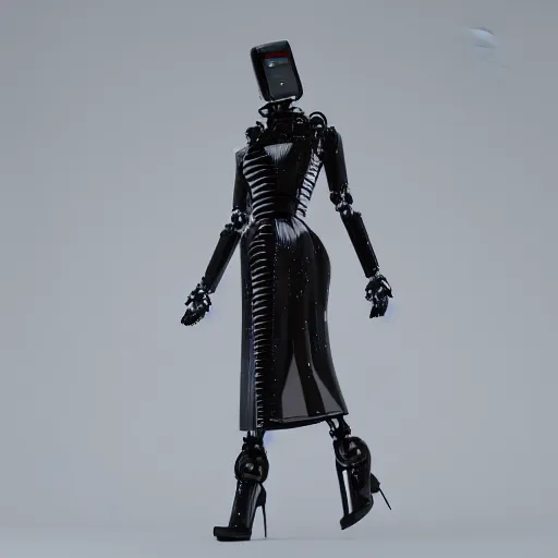 Prompt: robot runway model, hyper detailed ultrasharp beautiful, mechanical robot face, wearing a long coat, high fashion, haute couture, dramatic lighting, octane render, 8 k
