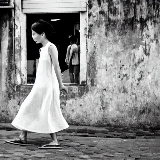 Prompt: Beautiful woman wearing a white sundress, in the streets of Hanoi. Photography, Canon