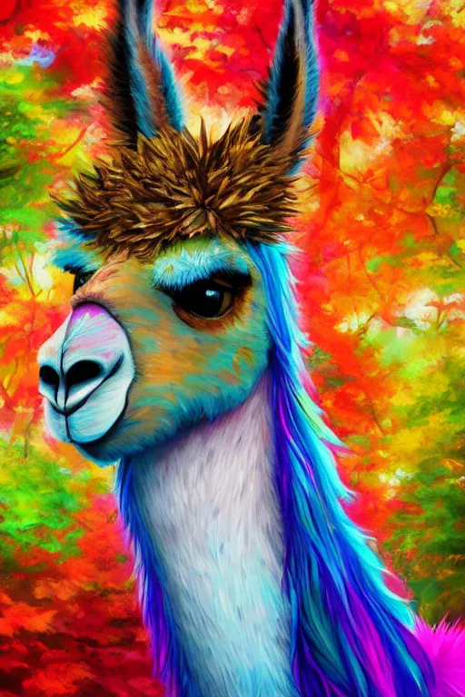 Prompt: portrait of a Llama, colorful fantasy forest background, rich vivid colors, ambient lighting, dynamic lighting, 4k, HQ, official media, anime key visual, makoto shinkai, ilya kuvshinov, lois van baarle, rossdraws, detailed, trending on artstation, daily deviation, masterpiece anthro portrait