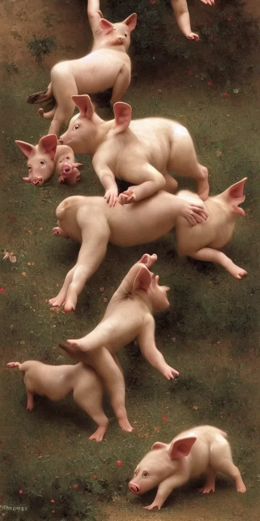 Image similar to photo of three little pigs tickling the wolf who is begging for mercy. regal, realistic, refined, detailed digital art, oil painting, william - adolphe bouguereau, art frahm, esao andrews, highly detailed, cinematic lighting, unreal engine, 8 k, hd extremely detailed. 4 k. award winning. ultra realistic photo.