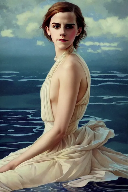 Image similar to a beautiful emma watson wearing a dress emerging from the water, oil on canvas, sensuality, artstation, by j. c. leyendecker and edmund blair leighton and charlie bowater, instagram photo