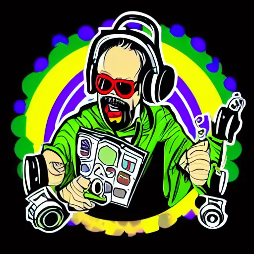 Image similar to svg vector sticker of absolutely insane-mad-scientist-villain, rocking out, wearing headphones, huge speakers, dancing, rave, DJ, spinning records, digital art, amazing composition, rule-of-thirds, award-winning, trending on artstation, featured on deviantart