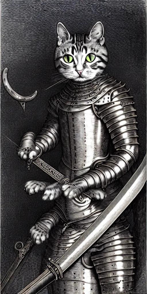 Image similar to engraving portrait of humanoid cat with sword in medieval armoury by gustave dore. trending on deviant art, street art, chillwave, maximalist, full of color, glittering, 8 k, hd