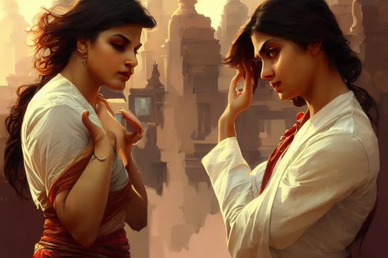 Image similar to Anxious good looking pale young Indian doctors arguing, portrait, elegant, intricate, digital painting, artstation, concept art, smooth, sharp focus, illustration, art by artgerm and greg rutkowski and alphonse mucha