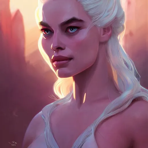 Image similar to Portrait of Margot Robbie as Queen Daenerys Targaryen, mattepainting concept Blizzard pixar maya engine on stylized background splash comics global illumination lighting artstation lois van baarle, ilya kuvshinov, rossdraws