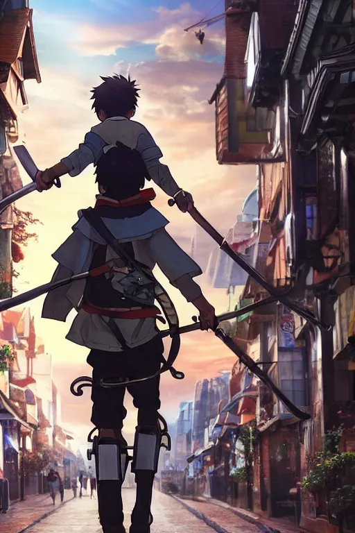 Image similar to ultra detailed keyart of sci - fy movie, a boy carrying a sword in his back is riding a simple bycycle in the main street of isekai shinjuku