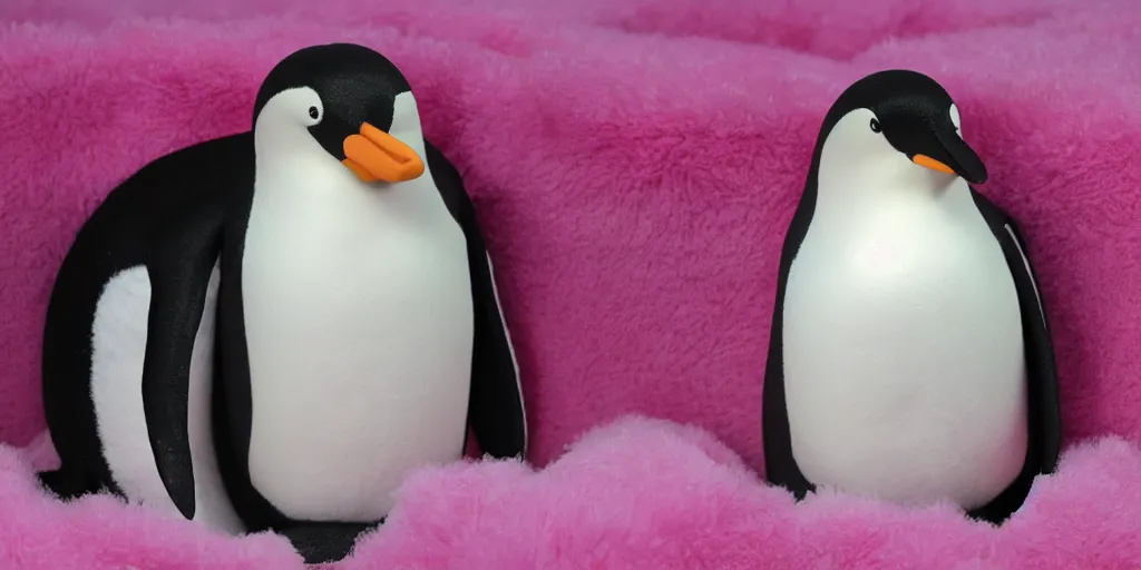 Prompt: realistic penguin sitting in an pink fluffy bed waving