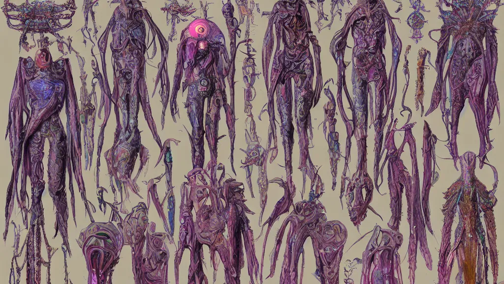Image similar to concept art, colorful character sheet for an androgynous extraterrestrial with large bulbous head, religious robes, retrofuture, ernst haeckel, fantastic planet, moebius, valerian, coherent, illustration, digital art, trending on artstation, hd, 8 k, good lighting, beautiful, rough paper, masterpiece