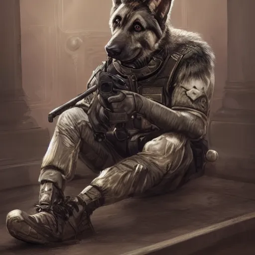 Prompt: a humanoid german shepherd beast - man in military style, sitting on the carpeted floor beside a bed, highly detailed portrait, digital painting, artstation, concept art, smooth, sharp foccus ilustration, artstation