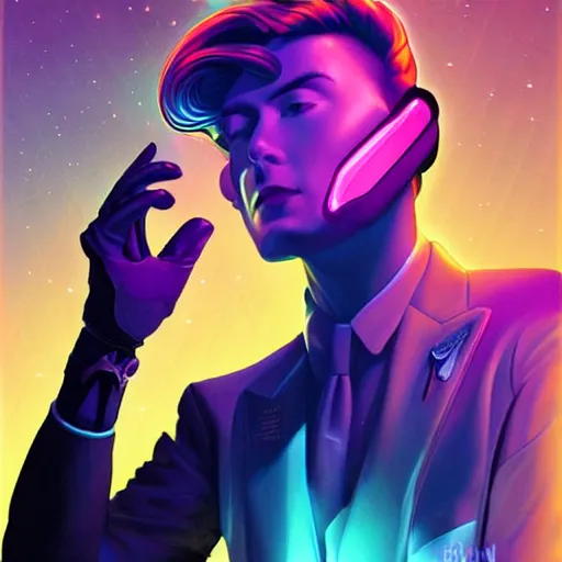 Image similar to a stunning profile portrait of art deco synthwave glamor man wearing a nintendo power glove, by Evelyn De Morgan and Ross Tran, rossdraws