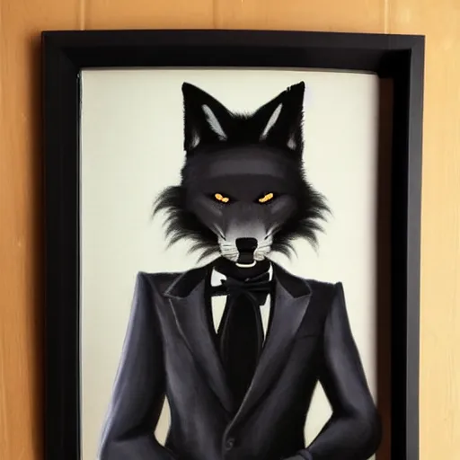 Prompt: male anthro black fox furry fursona with a mullet in a spanish style tuxedo, 1 9 7 0 s framed photograph, painted by riley moreau