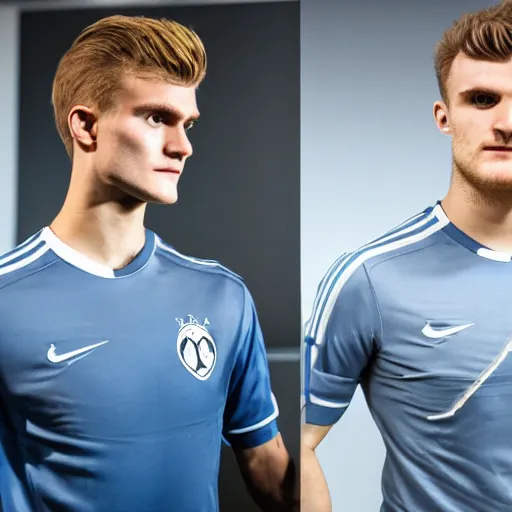 Image similar to a realistic detailed photo of a guy who is an attractive humanoid who is half robot and half humanoid, who is a male android, soccer players martin ødegaard & timo werner, shiny skin, posing like a statue, blank stare, in a factory, on display, showing off his muscles, gold soccer shorts, side view, looking at each other mindlessly