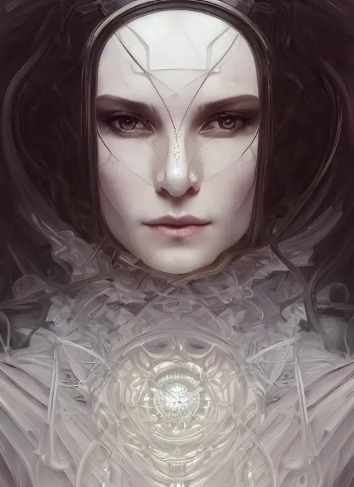 Image similar to symmetry!! white witch, machine parts embedded into face, intricate, elegant, highly detailed, digital painting, artstation, concept art, smooth, sharp focus, illustration, art by artgerm and greg rutkowski and alphonse mucha, 8 k