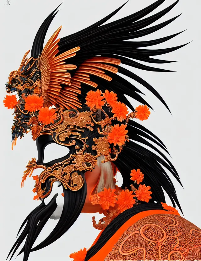 Image similar to 3 d goddess close - up profile portrait biomechanics with ram skull. beautiful intricately detailed japanese crow kitsune mask and clasical japanese kimono. betta fish, jellyfish phoenix, bio luminescent, plasma, ice, water, wind, creature, artwork by tooth wu and wlop and beeple and greg rutkowski. gold black teal and orange color scheme