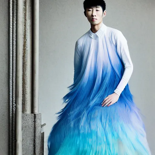 Prompt: a beautiful young japanese male wearing an ombre cotton candy gown designed by alexander mcqueen, photographed by andrew thomas huang for a fashion editorial