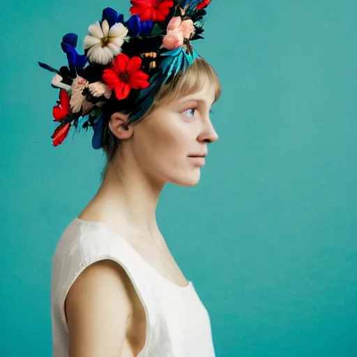 Image similar to a portrait of beautiful nordic woman wearing a white folkdrakt dress, summer flowers headband on her head, against a teal blue background