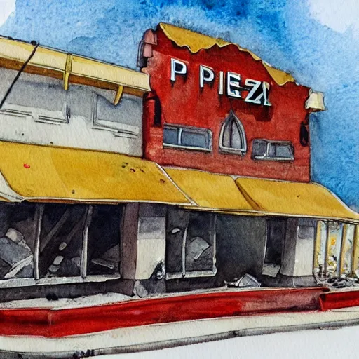 Prompt: watercolour drawing of pizza restaurant crumbling to the ground, beautiful award winning artistic talent, trending on artstation