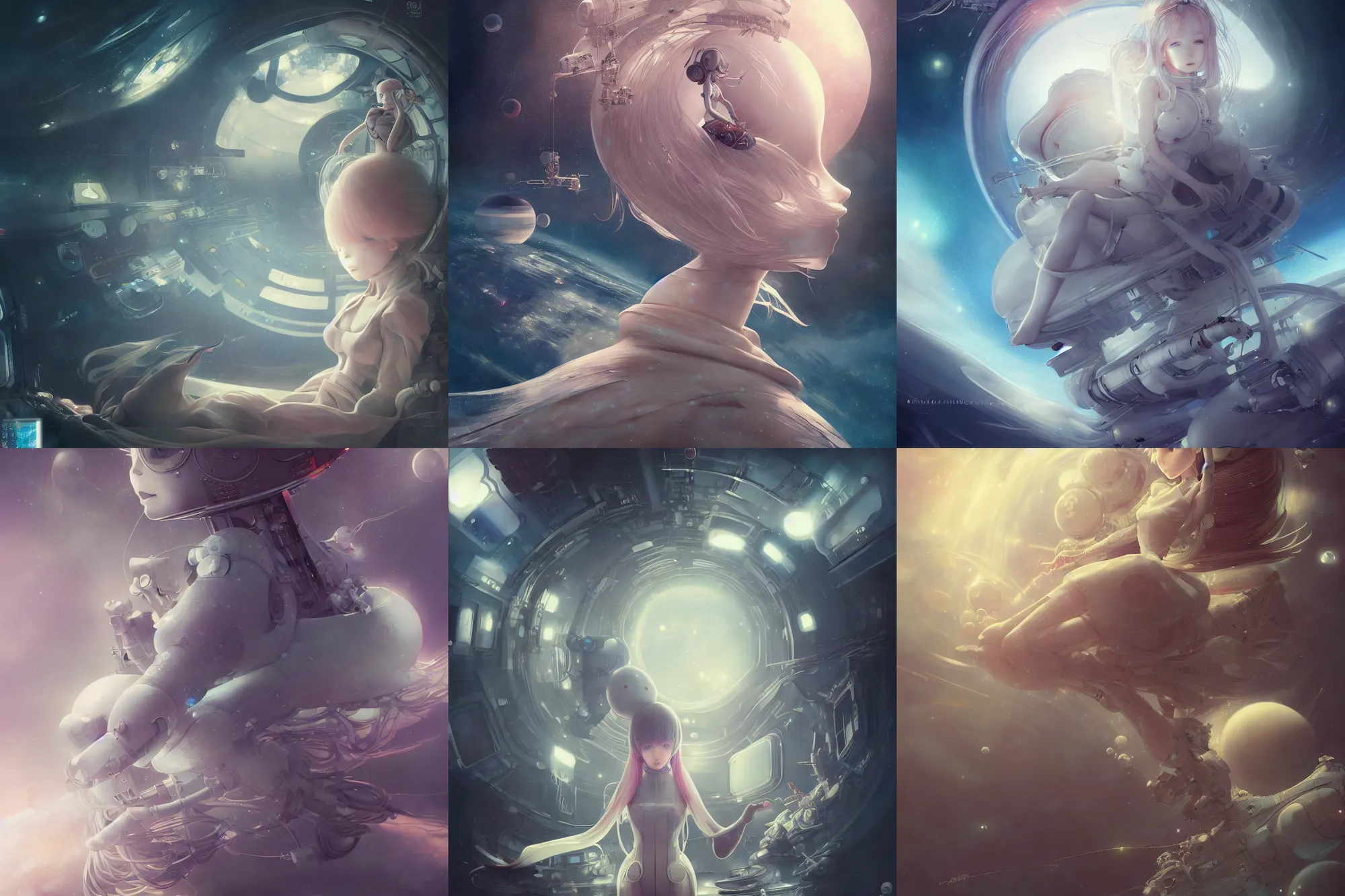 Prompt: detailed, sharp, dreaming humanoid female automata floating in a space station by Anna Dittmannand, by hayao miyazaki. digital art. surreal. featured on art station. anime arts. featured on Pixiv, HD, 8K, highly detailed, good lighting