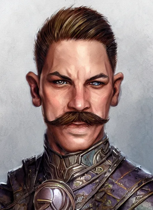 Image similar to young man with short white hair and moustache, dndbeyond, bright, colourful, realistic, dnd character portrait, full body, pathfinder, pinterest, art by ralph horsley, dnd, rpg, lotr game design fanart by concept art, behance hd, artstation, deviantart, hdr render in unreal engine 5