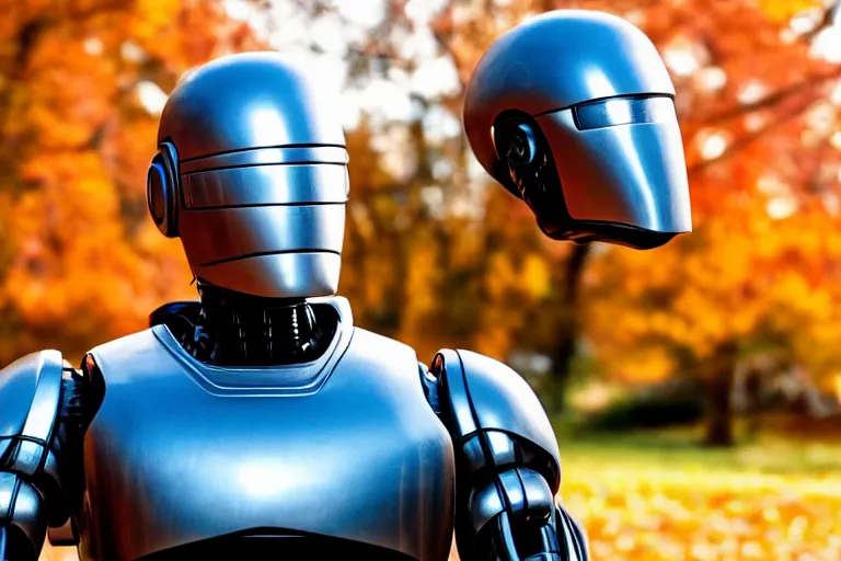 Image similar to real life robocop, ultra realistic!!!, autumn, clear weather, golden hour, sharp focus