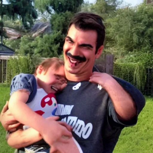 Prompt: super mario smiling while holding a screaming crying kid in his arms