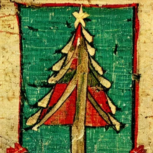 Prompt: medieval painting of a picket fence shield with a christmas tree on it, tattered fabric texture