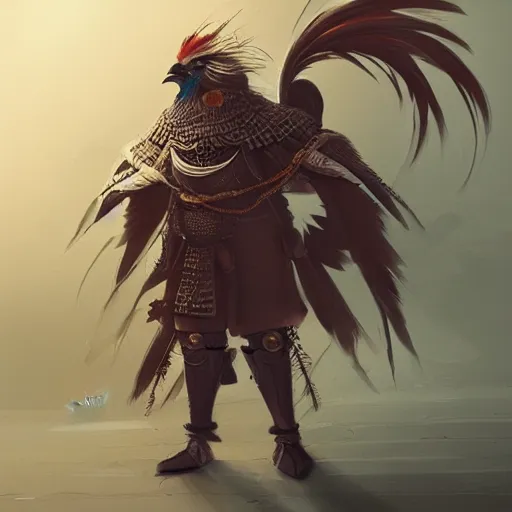 Image similar to flamboyant rooster wearing medieval suit of armor, illustration, concept art, art by wlop, dark, moody, dramatic