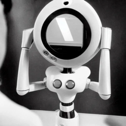 Image similar to maria the robot from the movie metropolis is putting on makeup as she looks at herself in a vanity mirror 8 k