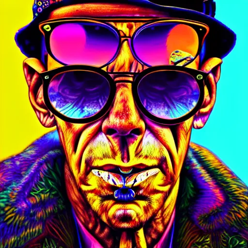 Image similar to an extremely psychedelic portrait of hunter s. thompson, surreal, lsd, face, detailed, intricate, elegant, lithe, highly detailed, digital painting, artstation, concept art, smooth, sharp focus, illustration