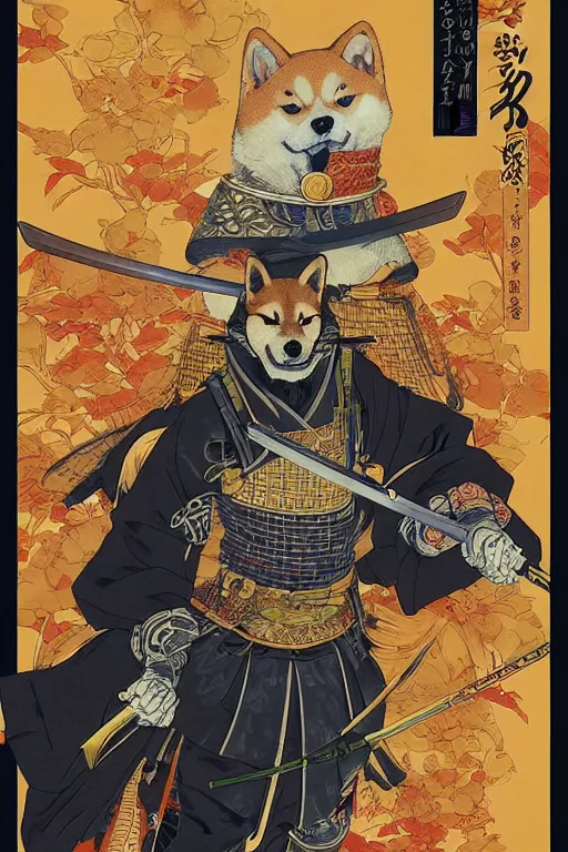 Prompt: poster of a shiba inu as a samurai, by yoichi hatakenaka, masamune shirow, josan gonzales and dan mumford, ayami kojima, takato yamamoto, barclay shaw, karol bak, yukito kishiro