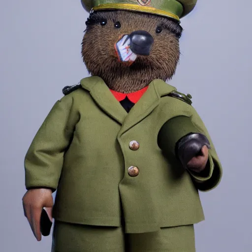 Image similar to beaver wearing russian military uniform with a drill for an arm