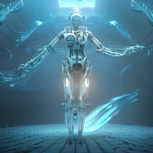 Image similar to biomechanical mecha white mermaid underwater, rays of light. Style of westworld, cables, lights, searchlight, weta digital, octane render, insane details, ultra realistic, beatifully lit, reflections