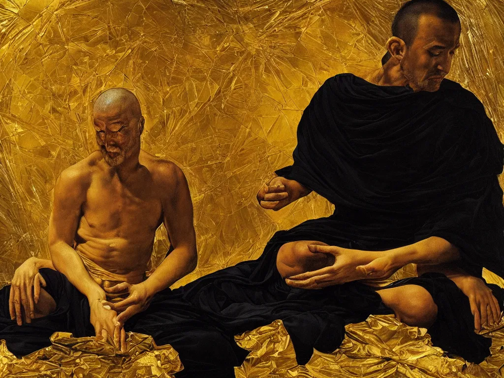 Image similar to hyperrealistic still life oil painting of a 3d sculpture of a monk dressed in black and gold robe, meditating sitting down wrapped in fabric and gently smiling, surrounded by prisms in a tesseract, by Caravaggio and bruce pennington, botanical print, surrealism, vivid colors, serene, golden ratio, minimalism, negative space