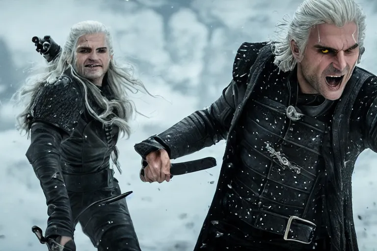 Image similar to vfx movie closeup suave handsome grinning vampire with long white hair, trench coat, dual wielding large revolvers, leaping into the air, low gravity in a shattered reality of new york city, cool aviators witcher show and game of thrones in new york by emmanuel lubezki