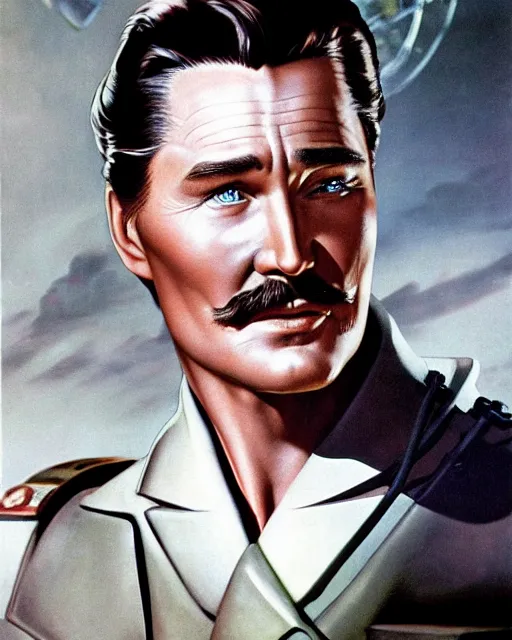 Image similar to Errol Flynn as a scientist. 1980s dystopian Soviet Russia, propaganda screens. Unreal engine, fantasy art by Bayard Wu. Faithfully depicted facial expression, perfect anatomy global illumination, radiant light, detailed and intricate environment