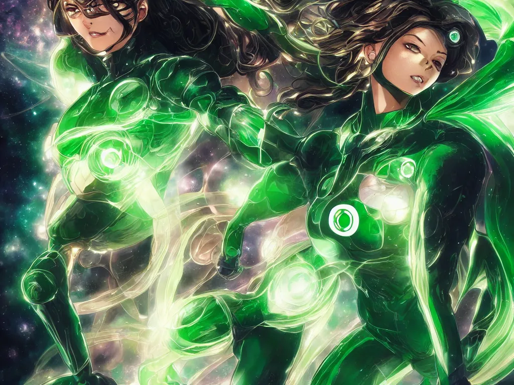 Image similar to anime key visual of one beautiful female green lantern, dc comics, power, hope, glowing, intricate, in space, stunning, highly detailed, digital painting, artstation, smooth, hard focus, illustration, art by artgerm and greg rutkowski and alphonse mucha