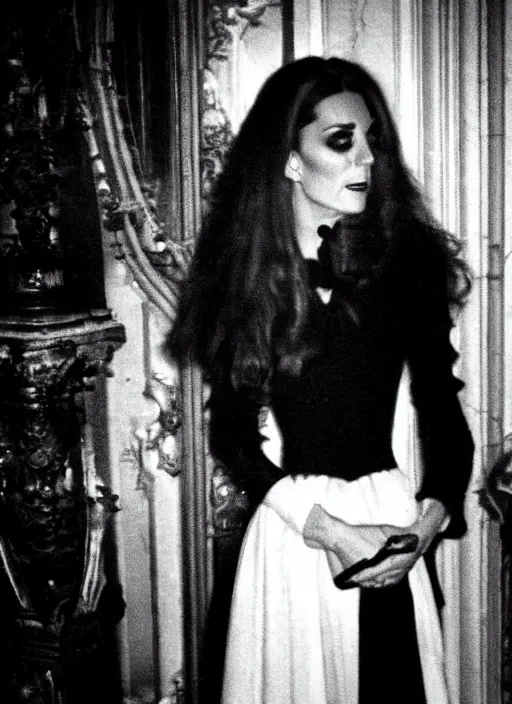 Image similar to candid photo of kate middleton as a gothic vampire in the 1980s, haunted house interior, ghostly figure, scary, 80s aesthetics,