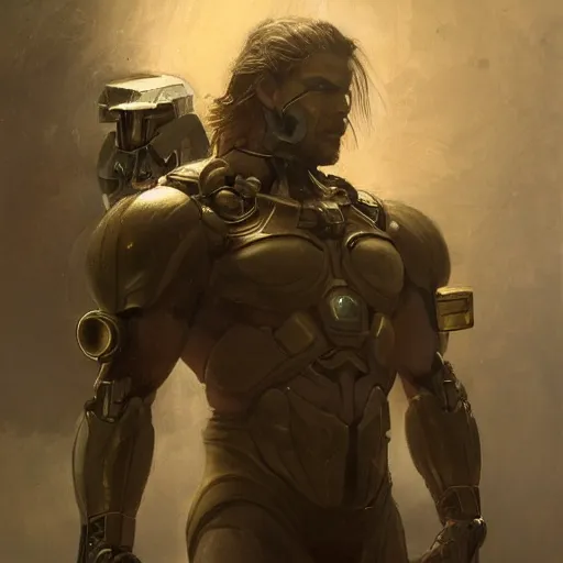 Image similar to handsome portrait of a spartan guy bodybuilder posing, radiant light, caustics, war hero, metal gear solid, ghost in the shell, by gaston bussiere, bayard wu, greg rutkowski, giger, maxim verehin