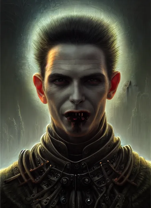 Image similar to closeup portrait shot of a male vampire in a scenic dystopian environment, intricate, elegant, highly detailed, centered, digital painting, artstation, concept art, smooth, sharp focus, illustration, artgerm, tomasz alen kopera, peter mohrbacher, donato giancola, joseph christian leyendecker, wlop, boris vallejo