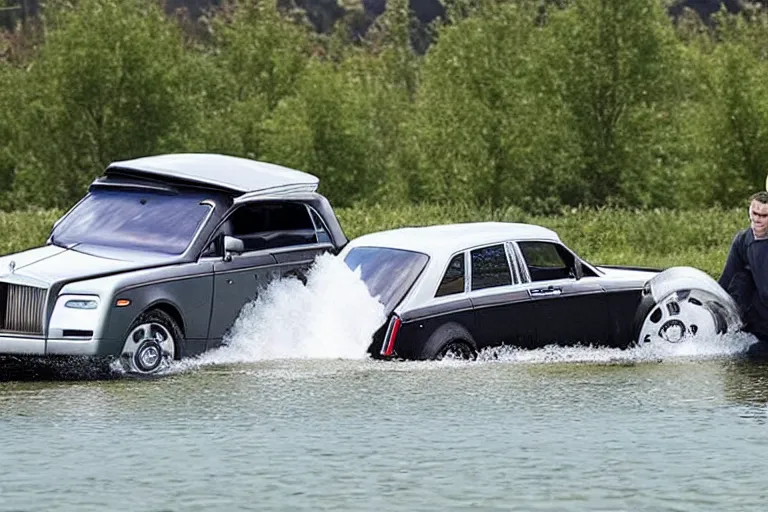 Image similar to Teenagers push Rolls-Royce into lake with their hands from a small slide wanting to drown him