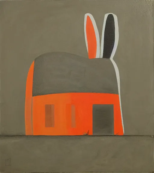 Image similar to brutalist painting of a rabbit and a giant carrot house