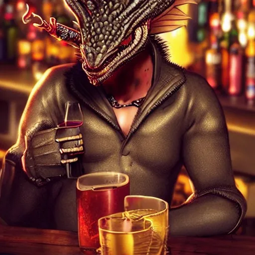 Image similar to a anthropomorphic dragon dressed like a punk drinking in a bar Trending on artstation DeviantArt Pinterest furaffinty Photorealistic HD 8k highlights and shadow detailed High Resolution