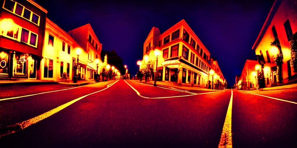 Image similar to curved perspective summer night small town street from tim burtons nightmare before christmas by petros afshar, 1 5 º camera angle